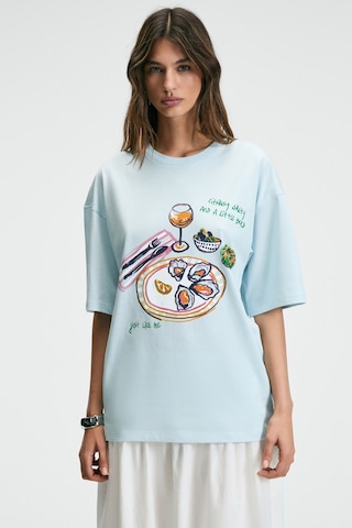 Grımelange NITZA Kadın %100 Pamuk Oversize Bisiklet Yaka Mavi T-Shirt