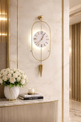 Metaquartz Aksesuar Gold Ledli Serenity Pendulum Duvar Saati, Modern Dekoratif Metal Camlı Duvar Saati Serenitypendulum Çok Renkli