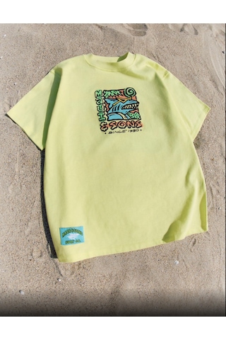 Erkek Çocuk Yeşil Mavi Renk Sırt Baskı Detaylı Tshirt - Şort 2'li Alt Üst Takım Sarı - Mavi