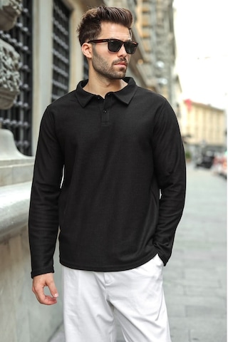 Madmext Siyah Gömlek Yaka Dokulu Regular Fit Erkek Sweatshirt E7203
