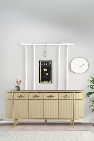 Maya Cappuccino Gold Lüks Konsol 4 Kapaklı Şerit Detaylı Metal Ayaklı Tasarım 180x45x84Cm