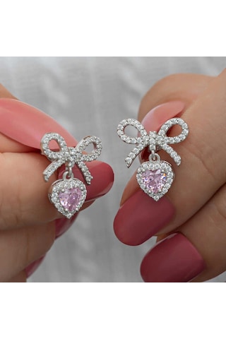 Kenpazar Gümüş Fiyonk Pembe Taşlı Kalpli Çivili Kadın Küpe Gümüş