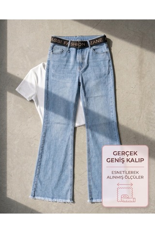 Zanessi Büyük Beden Toparlayıcı Kemerli Bol Paça Denim Kadın Pantolon Mavi