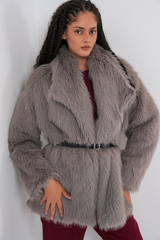 Kadın Kemerli Oversize Kürklü Kaban 9156 - Füme Füme