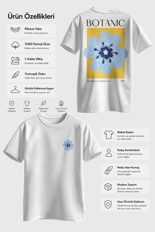 Spoyi Botanic Tasarımlı %100 Pamuk Yarım Oversize Beyaz T-shirt
