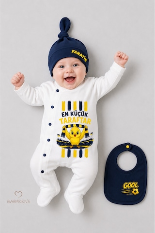Babyden's Sarı Lacivert Taraftar Temalı 3'lü Bebek Tulum Seti %100 Pamuk En Küçük Taraftar Baskılı Yenidoğan Bebek Tulum Seti