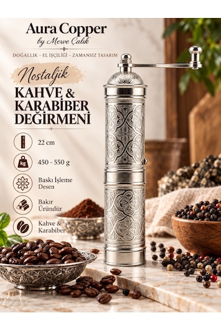 Aura Copper Nostaljik Manuel Kahve Karabiber Değirmeni 22 Cm Bakır Öğütücü - Gümüş