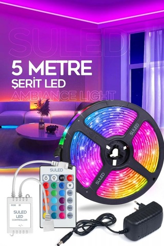 5 Metre Rgb Şerit Led Aydınlatma Seti - Tak Çalıştır Ambiance Light - Uzaktan Kumandalı Ve Adaptörlü Çok Renkli