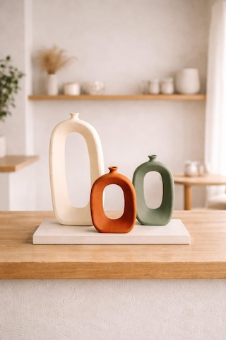 Modern Beton Dekoratif Vazo Seti 3 Lü Bohem & Minimal Tasarım 35 Cm 21 Cm 18 Cm Beyaz-adaçayı-tarçın