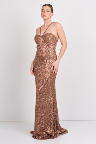 Explosion Kadın Pul Payet Göğüs Dekolteli Saten Askılı Maksi Boy Abiye Elbise 58004 Bakır Bakır