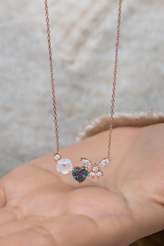 925 Ayar Gümüş Manolya Çiçeği Mistik Topaz Taşlı Kalp Yusufcuk Kolye Rose Gold