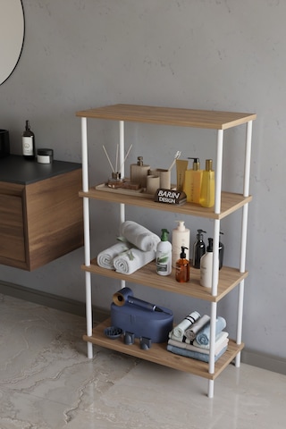 4 Katlı Çevir Kur Metal Gövdeli Banyo Rafı Çok Amaçlı Düzenleyici Organizer Stand Banyo Dolabı Atlantik Çam