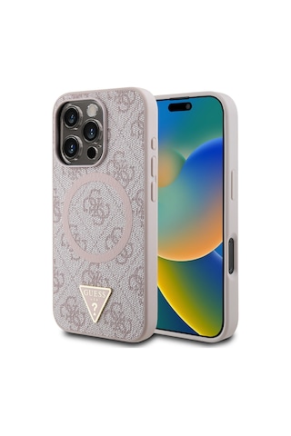 Apple Uyumlu iPhone 16 Pro Kılıf Guess Lisanslı Magsafe Şarj Özellikli Pu Üçgen Logo 4g Desenli Kapak Pembe