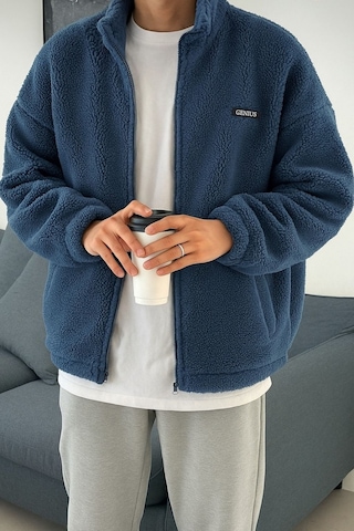 Genius Store Oversize Peluş Tam Fermuarlı Sweatshirt Peluş İçi Polarlı Sherpa Kumaş Sweatshirt İndigo