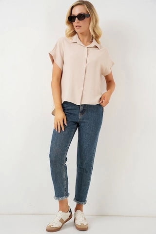 Defymoda Oversize Kısa Kol Gömlek 20322 - Krem Krem