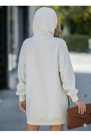 Afri Kadın Oversize Kapüşonlu Sweatshirt Yan Fermuar Detaylı Uzun Kollu Ekru Tunik Ekru