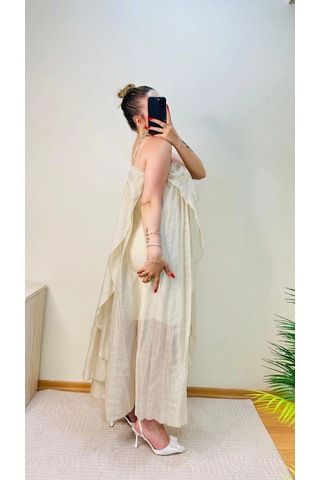 Elora Atelier Büzgülü Askılı Ekru Maxi Boy Elbise Çok Renkli
