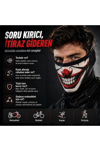 Womanandkids Wak Unisex Palyaço Baskılı Balaklava Maske 1 Adet Tek Beden Viskoz Kask İçi Outdoor Motosiklet Maske Siyah
