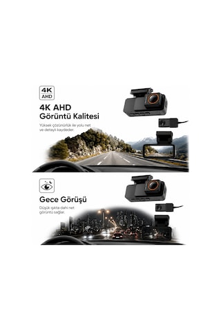 Bagajon 4k Pro Ultra Hd Wifi Gps Adas Araç İçi Kamera Yapay Zeka, Gece Görüşü, G-sensör, 24 Saat Park Modu, Ön + Arka Kamera