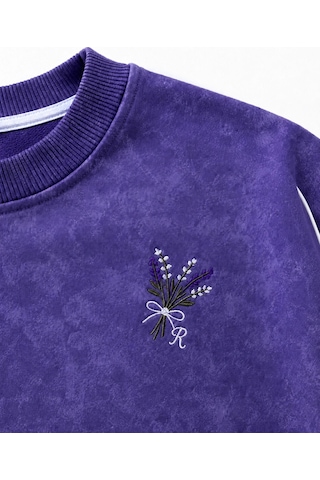 Rony Pony Kids Kız Çocuk Mor Yıkama Efektli Çiçek Nakışlı Omuz Biyeli Sweatshirt Ve Palazzo Eşofman Takımı