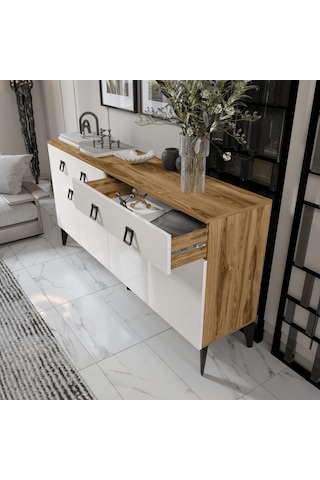 Elara Konsol 180 Cm Aytaşı Ceviz,metal Ayaklı 4 Kapaklı 2 Çekmeceli Modern Konsol Aytaşı