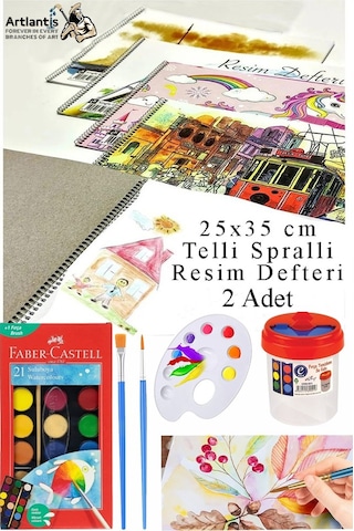 21 Renk Sulu Boya 25x35 Cm Telli Spralli Resim Defteri Resim Paleti Resim Fırçası Temizleme Kabı Suluboya Okul Öğrenci Çok Renkli