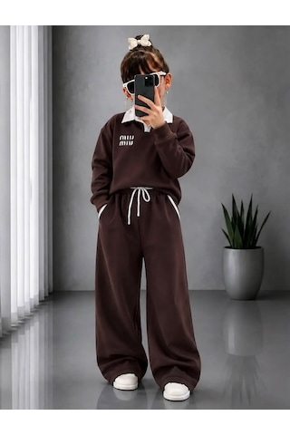 Kokoş Bebe Kız Çocuk Yaka Detaylı Eşofman Takım - 6/12 Yaş - 31914 Kahverengi