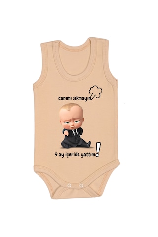 Bebetospik %100 Pamuk 9 Ay İçeride Yattım Baskılı Zıbın & Body Bej