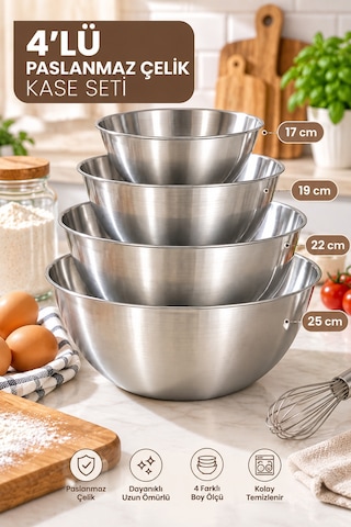 4 Lü Paslanmaz Çelik Karıştırma Kasesi Seti 17-19-22-25 Cm Çok Amaçlı Mutfak Hazırlık Kabı Gümüş