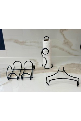 Servis Sunum Seti, Rota Kağıt Havluluk, Kare Peçetelik, Üçgen Nihale, Üçlü Set, Paslanmaz Çelik Tel Siyah