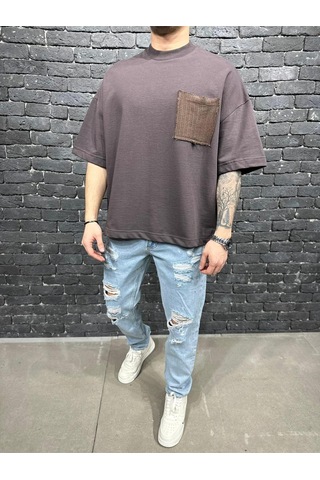 Cep Detaylı Oversize Tshirt Kahverengi