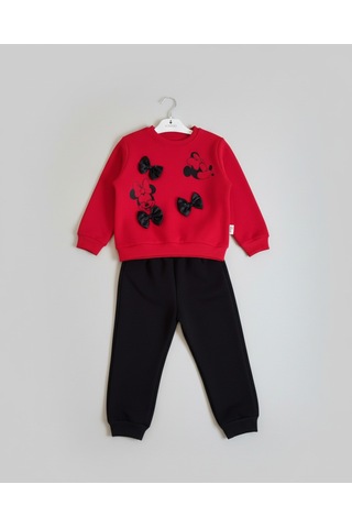 Minnie Mouse Baskılı Ve Fiyonk Detaylı Kırmızı Sweatshirt Siyah Eşofman Altı Kız Çocuk Takımı Kırmızı