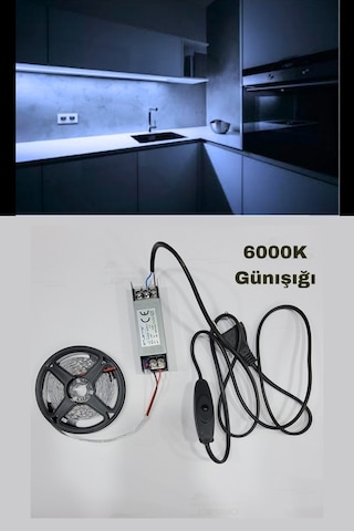 Mutfak Dolabı Için 5 Mt. Beyaz Şerit Led 12v Adaptör Aç Kapa