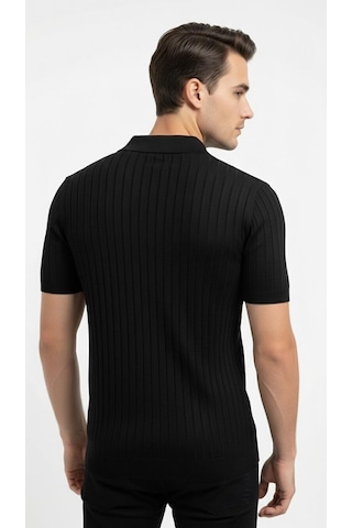 Erkek Polo Yaka Slim Fit Triko Tişört Dikey Çizgili Modern Yazlık Triko Siyah
