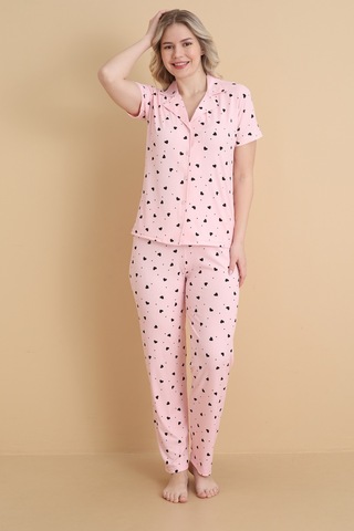 Wordex Mirano 9514 Kalpli Pembe Pegasus Kumaş Düğmeli Kısa Kolu Kadın Pijama Takımı