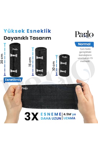 Parlo Siyah Elastik Bandaj 3 Lü Set 10-15-20 Cm %300 Esnek, 4,5 M Ye Kadar Uzayan, Metal Kancalı Bandaj Seti