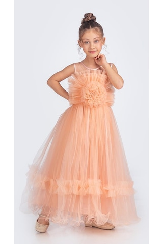 Mnk Baby & Kids Uzun Etekli , Askılı Kız Cocuk Gül Motif Abiye Elbise M00670 Somon