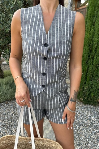 Kadın Siyah Çizgili Kısa V Yaka İkili Takım Siyah