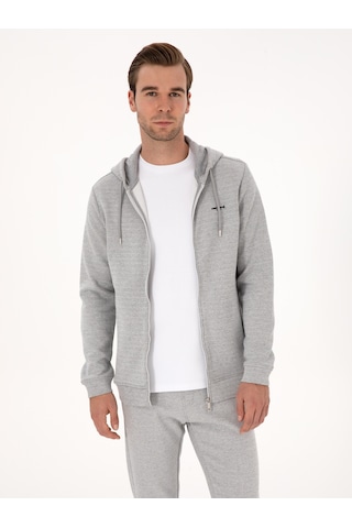 Gri Melanj Regular Fit Pamuk Karışımlı Tam Fermuarlı Sweatshirt