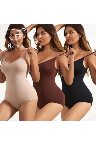 Bej Flarixa Dikişsiz Vücut Şekillendirici Kadın Bodysuit Açık Kasık Shapewear Doğum Sonrası Karın Kontrol Shapewear Zayıflama İç Tulum