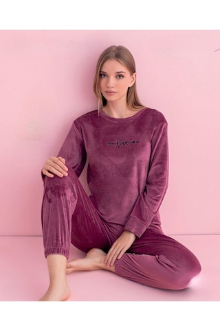 Pijamerry Kadın Kışlık Bisiklet Yaka Kadife Pijama Takımı 3030g - 1 Adet Gül Kurusu