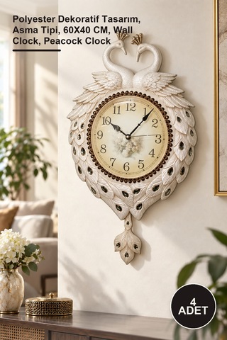 4 Adet Tavuskuşu Duvar Saati Polyester Dekoratif Tasarım, Asma Tipi, 60x40 Cm, Wall Clock, Peacock Clock Diğer