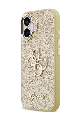 Apple Uyumlu iPhone 17 Kılıf Guess Lisanslı 4g Büyük Metal Kamera Çerçeveli Ve Logolu Glitter Kapak Gold
