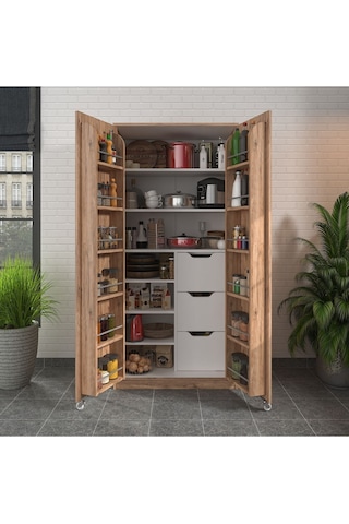 90 Derece Açılabilir 2 Kapaklı, 3 Çekmeceli, Kavanoz Raflı Kiler Ve Erzak Mutfak Dolabı Atlantik Çam
