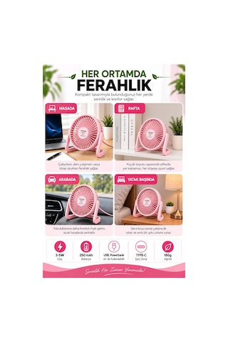 Sessiz Masa Üstü Usb Mini Vantilatör Taşınabilir Masaüstü Fan Pembe