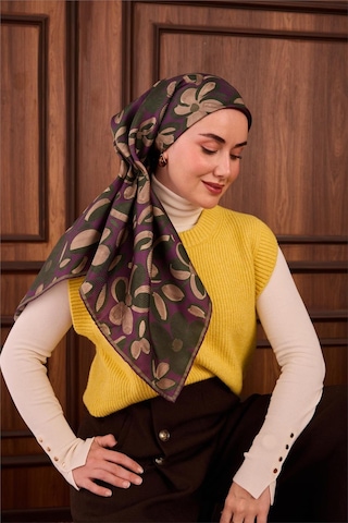Silk Home Twill İpek Eşarp Erguvan Yeşil Vizon Papatya Desenli Tok Duruşlu 90x90 Çok Renkli