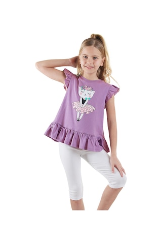 Denokids Çiçekli Kedi Kız Çocuk Mor T-shirt Tayt Takım Renkli Çok Renkli