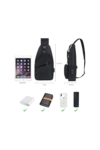 Erkek Omuz Çantası, Usb Şarj Portu Ve Kulaklık Portu Olan Siyah Göğüs Çantası, Unisex Seyahat Sırt Çantası Qd