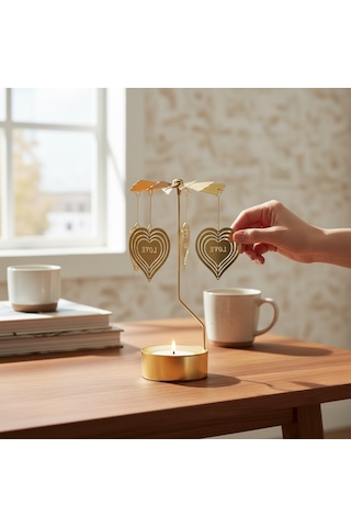 Dönen Işıklı Kalpli Metal Tealight Mumluk Love Tasarımlı Dekoratif Rüzgar Gülü Gold