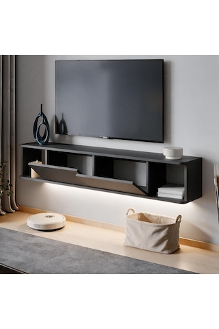 İnarch Dizayn Twist Led Işıklı Duvara Monte Tv Sehpası - 2 Kapaklı Antrasit